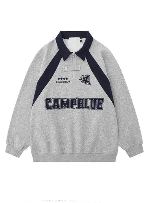 American Retro Block Color Polo Collar Loose Sweatshirt