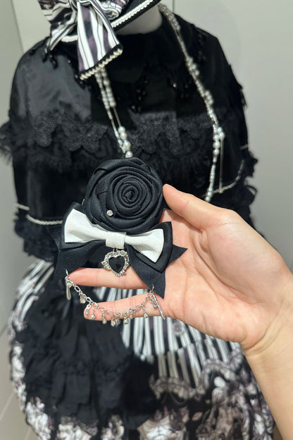 【10月3日予約締切】Black/White Elegant Gothic Series Accessories(Black Butterfly Print Striped Ribbon Hat, Black Rose Ribbon Brooch, Ribbon KC, Hair Clip Pair, Bonnet)