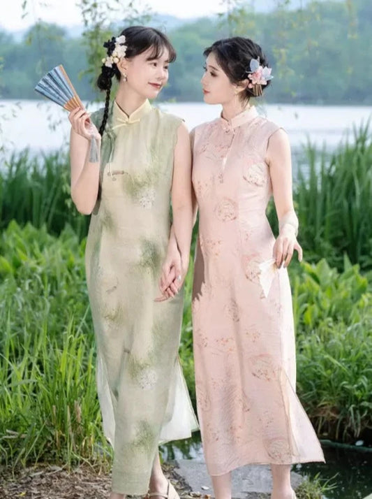 Chuan Dai Time: Scenery Sometimes Republic of China style print sleeveless cheongsam women's summer new Chinese dress