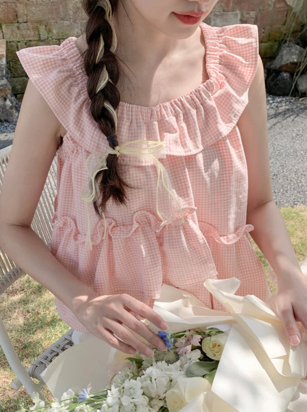 ドールフレアチェックノースリーブトップス