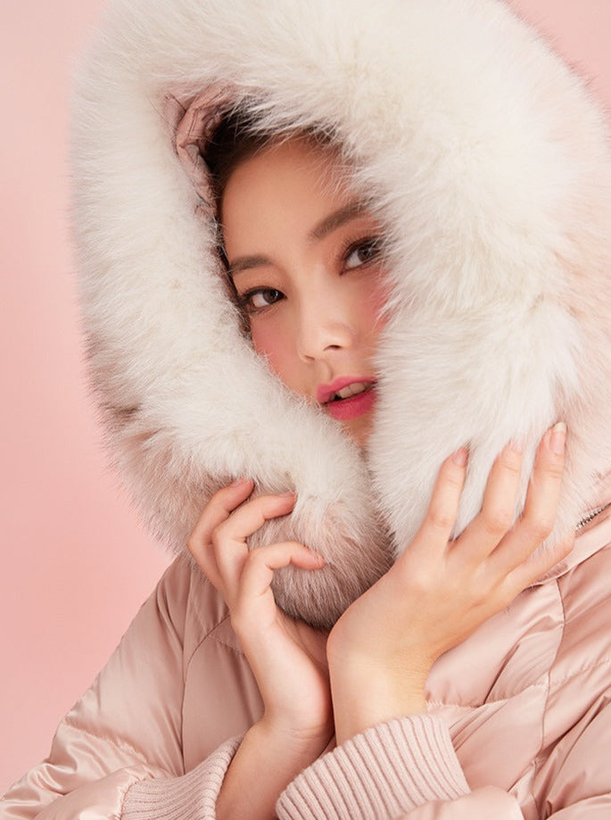 Pink Mid Length Fox Fur White Duck Down Jacket