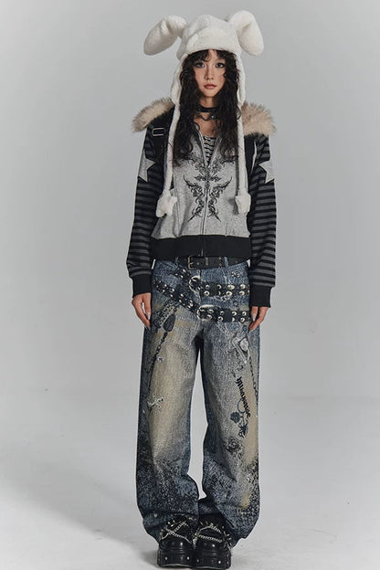 ファーカラーーパッチワークショートジャケット