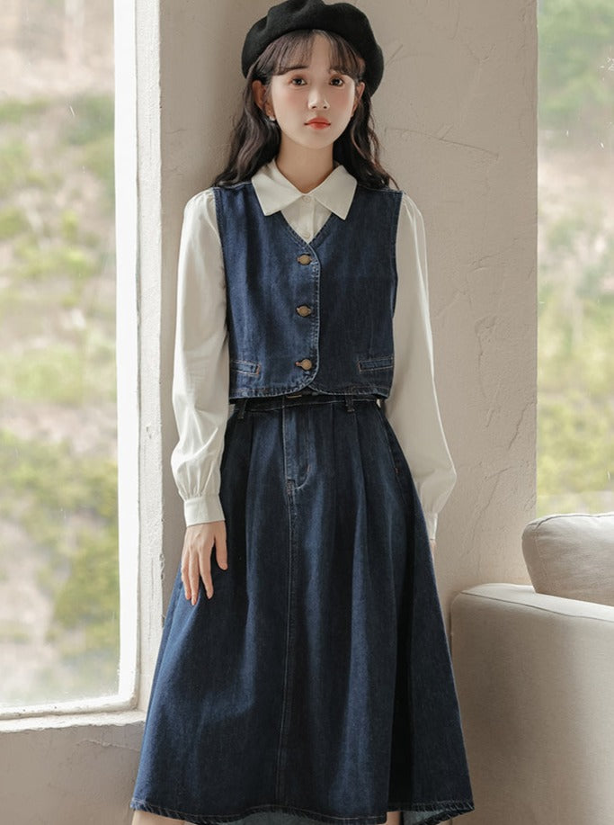 Retro denim vest + skirt + shirt