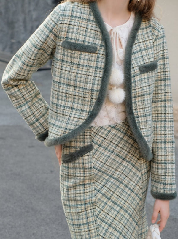 Queen Retro Film French Check Jacket + Check Medium Skirt