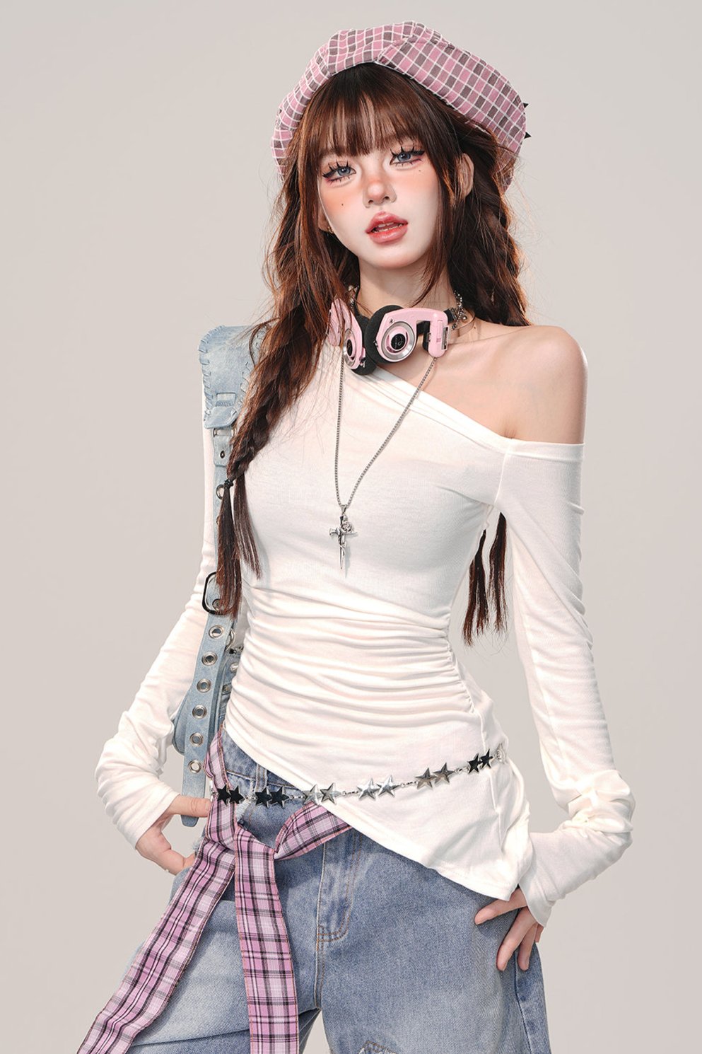 Irregular shoulder long sleeve top