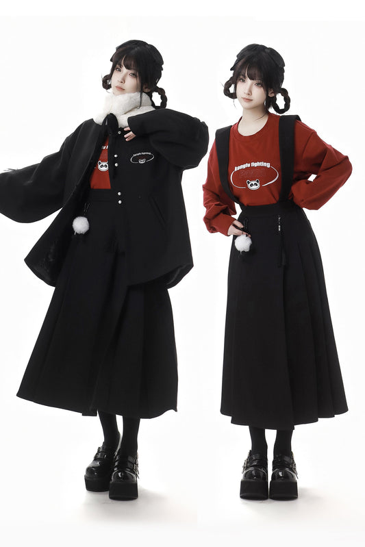 Red Black Suspender Skirt Wool Fur Collar Coat Setup