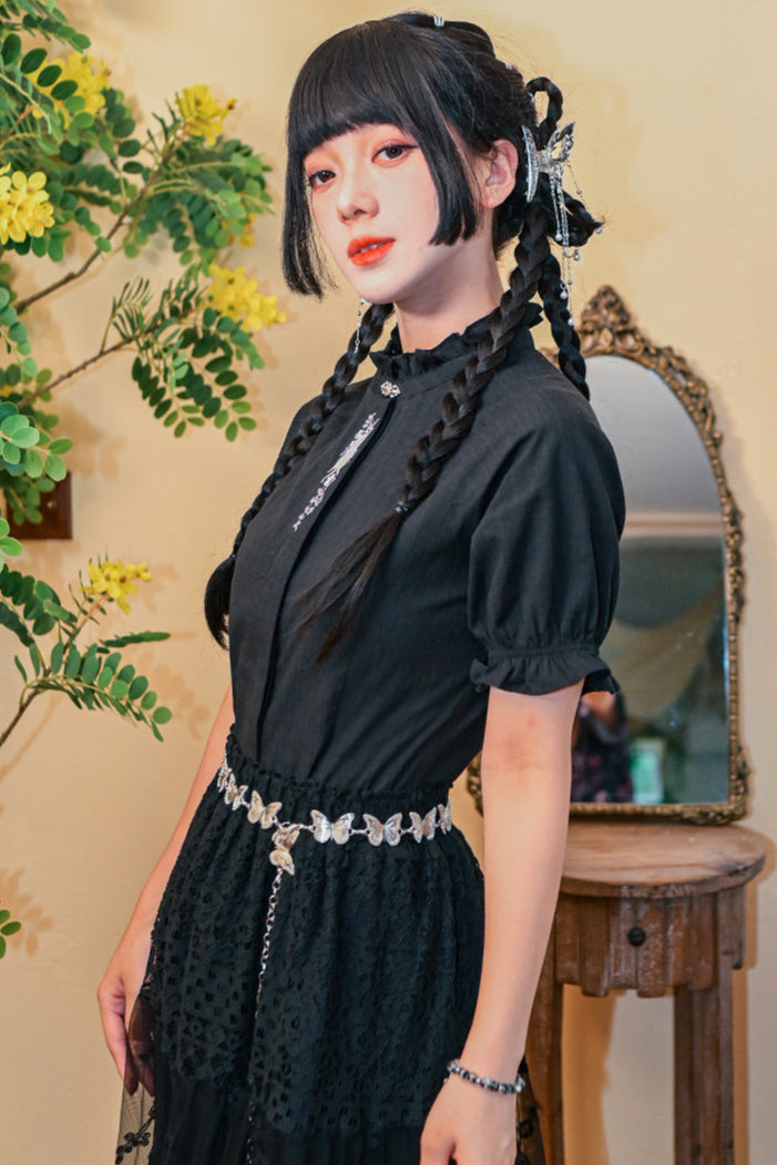 コットンススタンドカラーブラックスリムシャツ