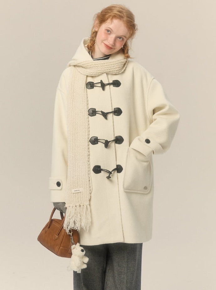 Hooded Gray Horn Button Wool Coat