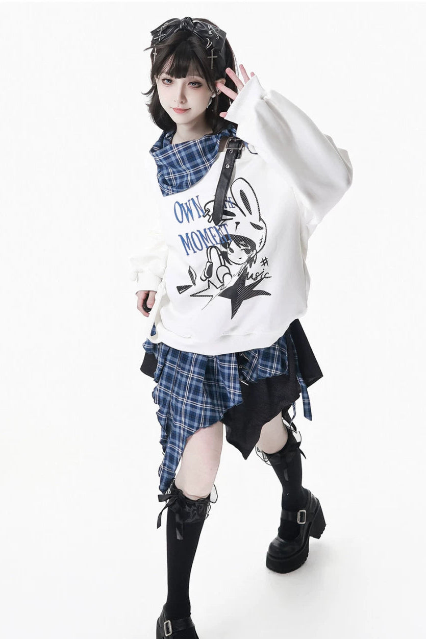 オフショルダースウェットトップス+アシメスカート+ロングパンツ