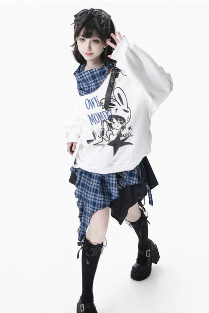 オフショルダースウェットトップス+アシメスカート+ロングパンツ