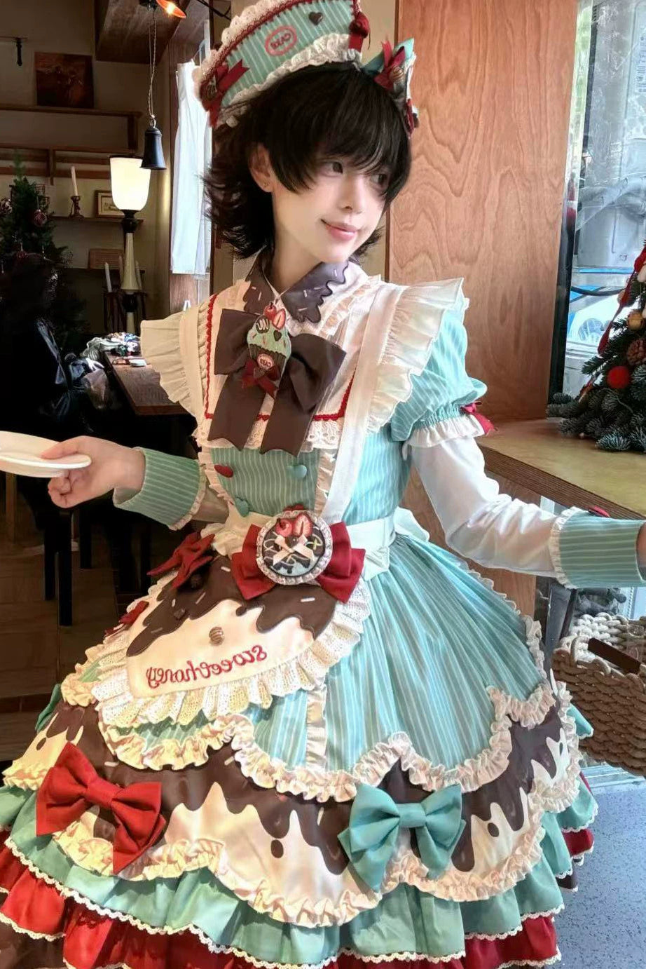 【3月20日予約締切】ミントチョコレートロリータドレス+スリーブ+エプロン+クリップ+ハット+テール