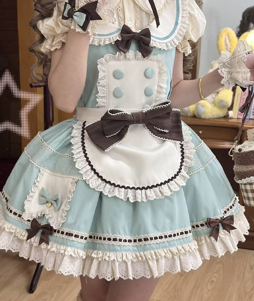【Pre-order item】Chocolate Mint Sailor Collar Girly Maid Dress + Cake Hat