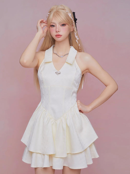 GirlyFancyClub jacquard waist slim skirt summer women's 2024 new white super good looking dress