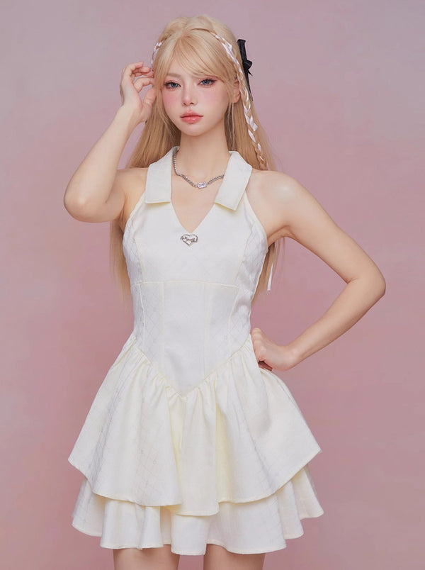 Pure White Polo Jacquard Waist Slim Sleeveless Dress