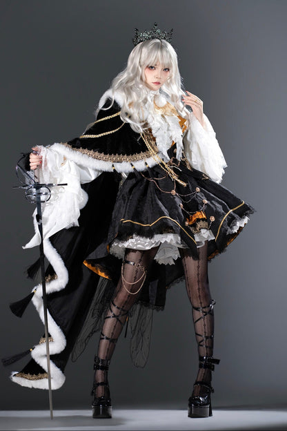 [Reservation Deadline: December 2] Royal Gothic Military Dress Coordinated Set (Shirt + Skirt + Long Vest with Train + One-Shoulder Fur Cape + Accessories)