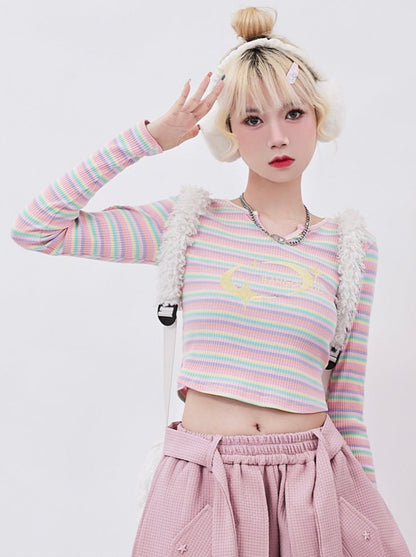 Retro Color Stripe Embroidery Short Top + Pink Flap Pants