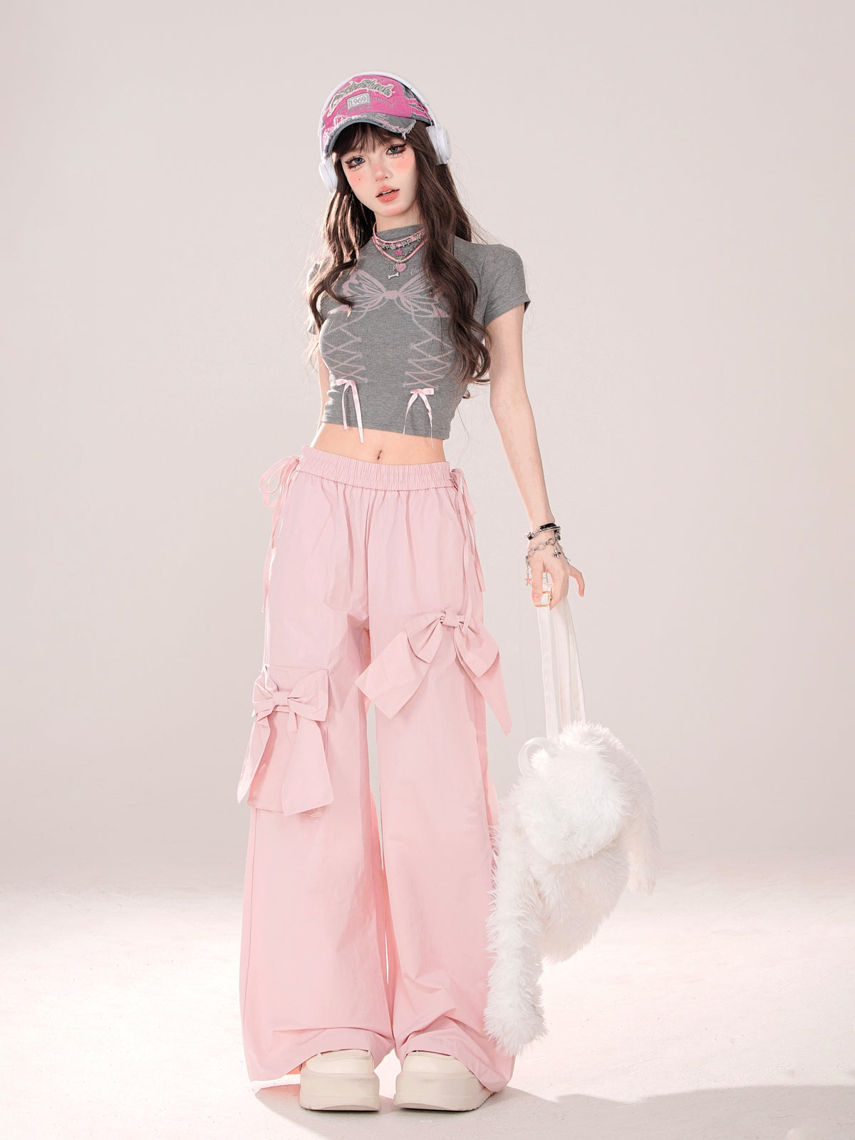 Sweet Pinky Big Bow Loose Pants