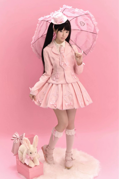 [Pre-order Deadline: June 28] Pink/Gray Vintage Lolita Heart Ribbon Tailored Jacket + Skirt + Tie