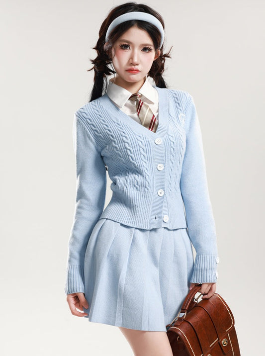 Blue Sky Cardigan + Pleated Skirt + Blouse