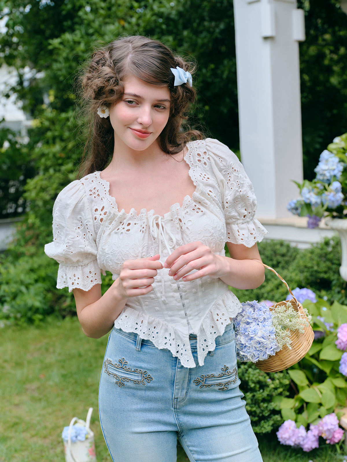 Puff Sleeve Sweet Pure White Short Top