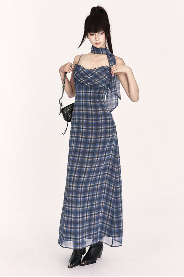Chic French Resort Plaid Halter Maxi Dress