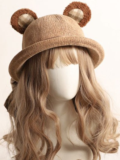 小熊卷曲格纹缎带帽