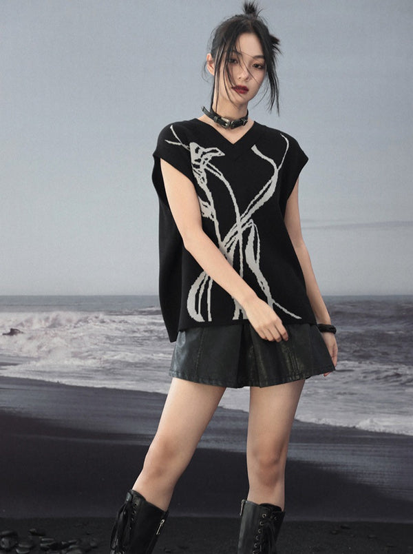 コントラストフラワールーズニットベスト