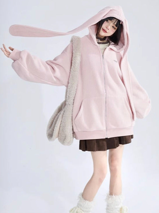 Solid Color Cute Bunny Ears Hooded Sweatshirt Jacket