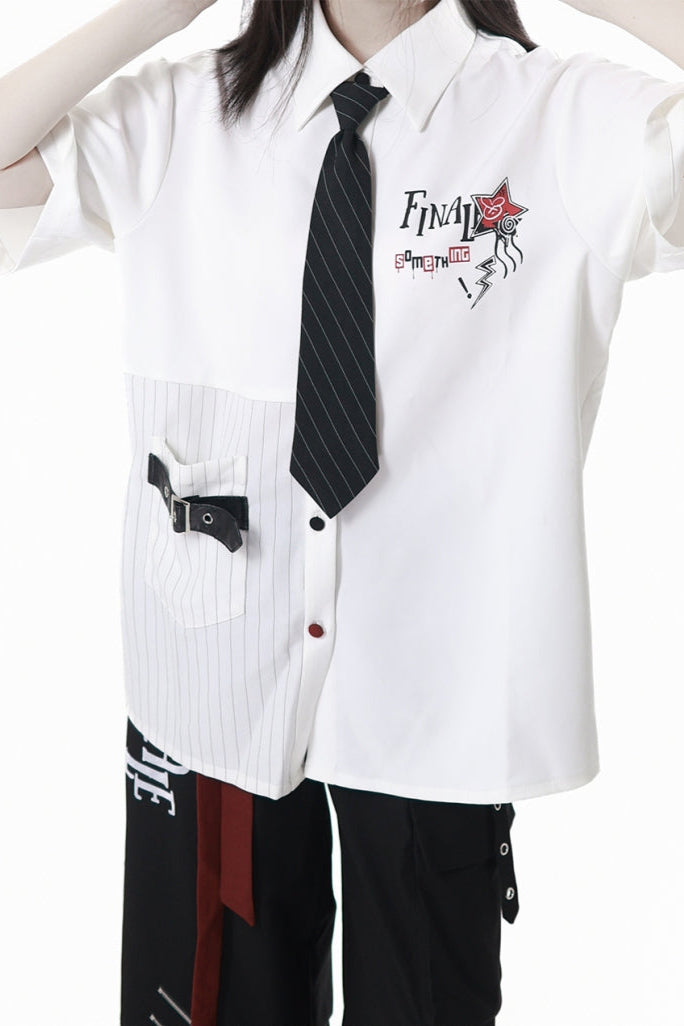 コントラストシャツ＋チェックスカート＋ブラックスカート＋ワイドパンツ＋ネクタイ