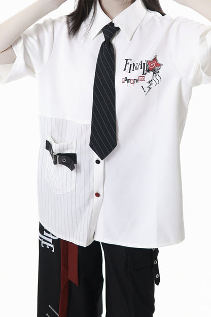 コントラストシャツ＋チェックスカート＋ブラックスカート＋ワイドパンツ＋ネクタイ