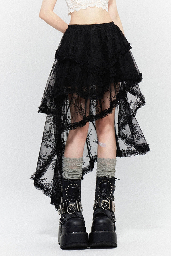 Sheer Asymmetrical Design Lace Skirt