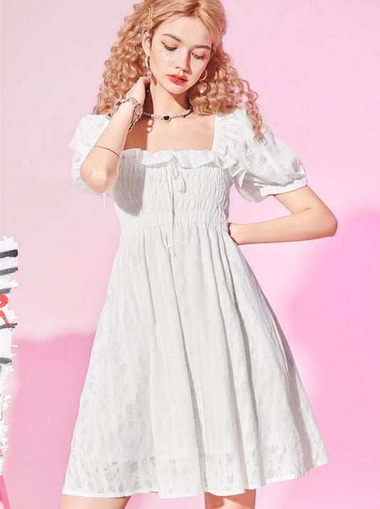 Square Collar Chiffon Princess Gown of Puff Sleeves Dress