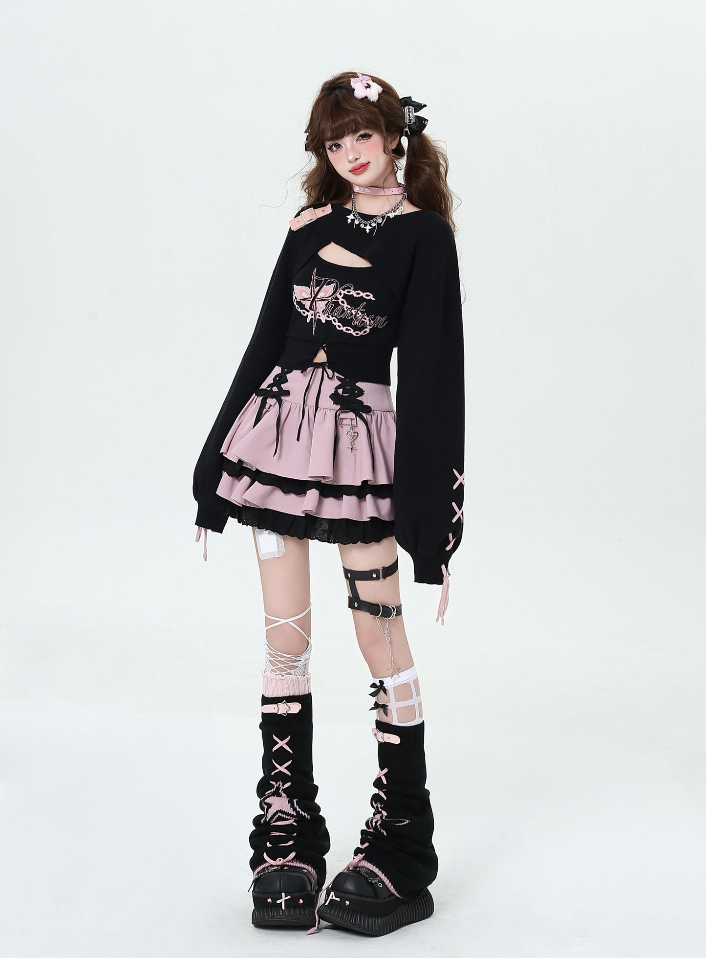 Lace-Up Design Flared Skirt