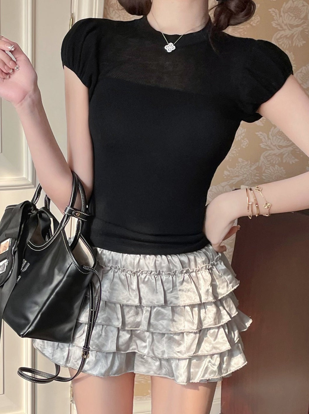 Sweet Puff Sleeve Top + Tight Skirt