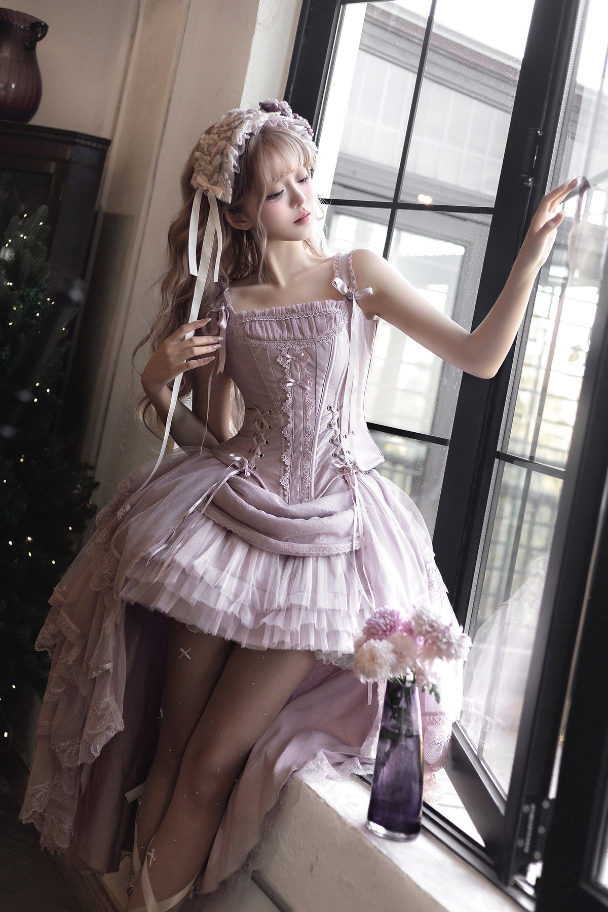 【2月27日予約締切】アンティークランプシャドウシャンパンゴールドストラップリボンビスチェドレスセットアップ