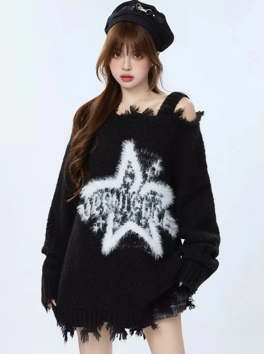 ENJOG American vintage plush star sweater women's autumn and winter lazy design sense off-the-shoulder ripped knit