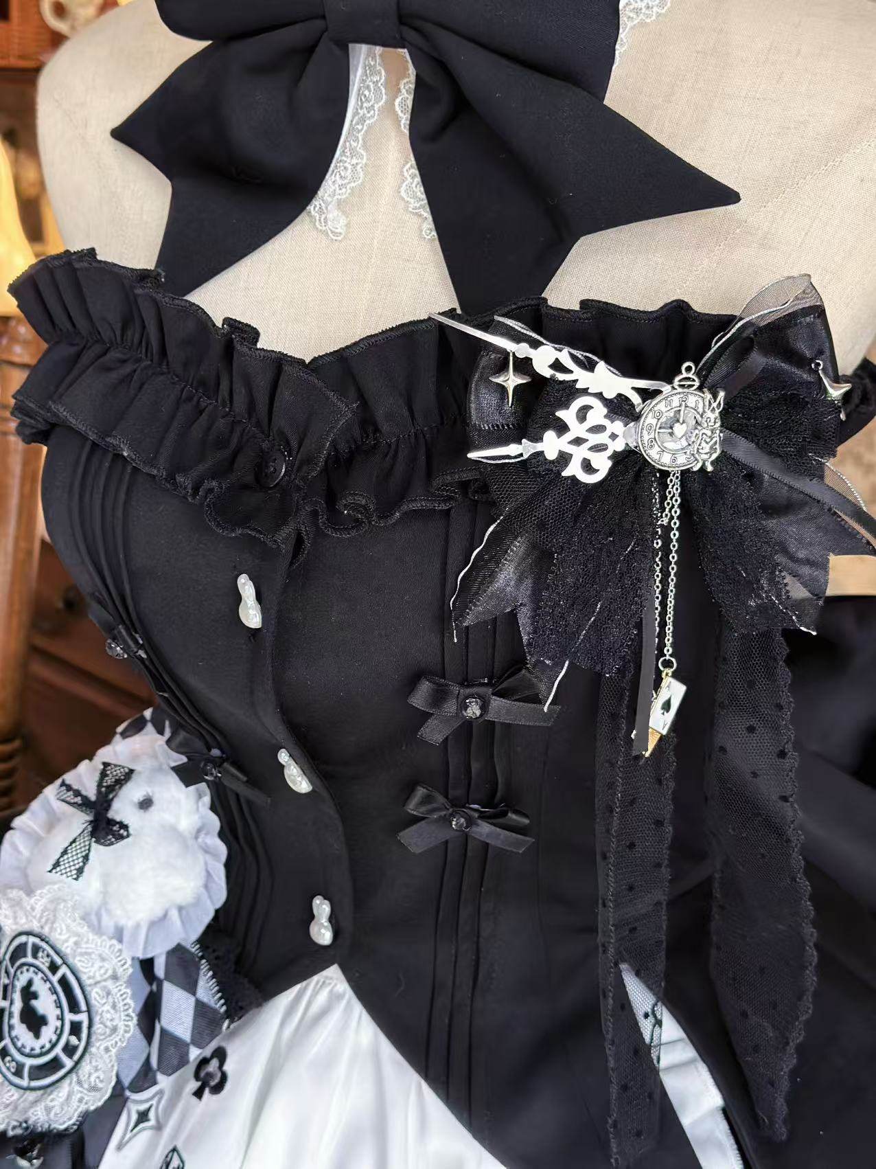 【2月13日予約締切】ブラックホワイトゴシックアリスラビットフリルビスチェトップメイドスカートドレスセット＋アクセサリー