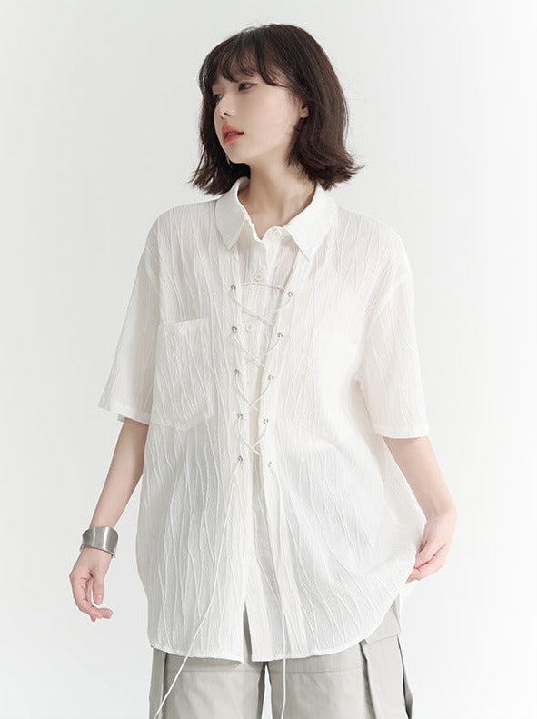 Straps design crinkle loose summer shirt