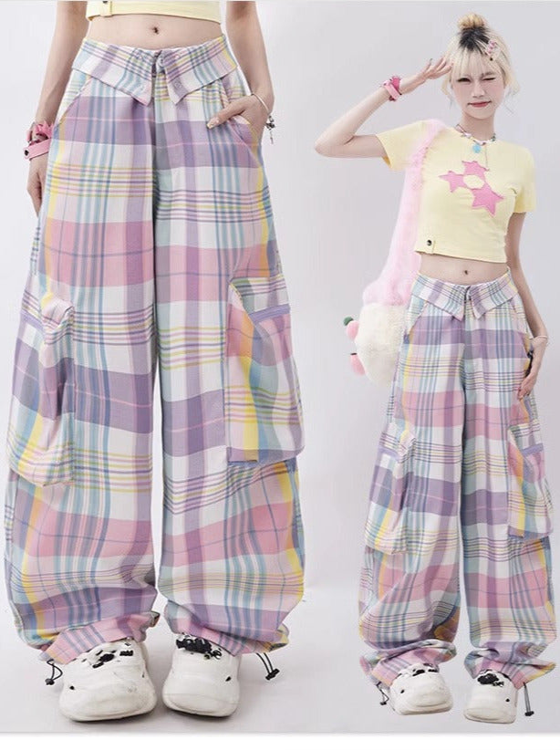 American cute pastel check straight pants