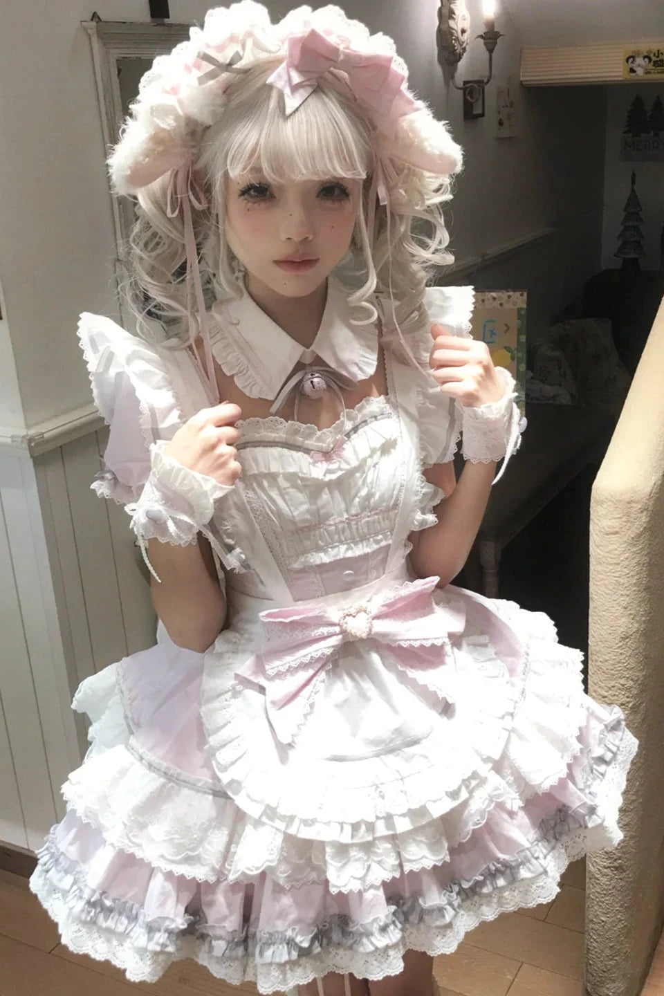 [Pre-Order] Pink Sweet Lolita Ruffle Maid Dress Set (Detachable Collar with Bells + Waist Apron with Ribbon + Back Ribbon + Leg Rings)