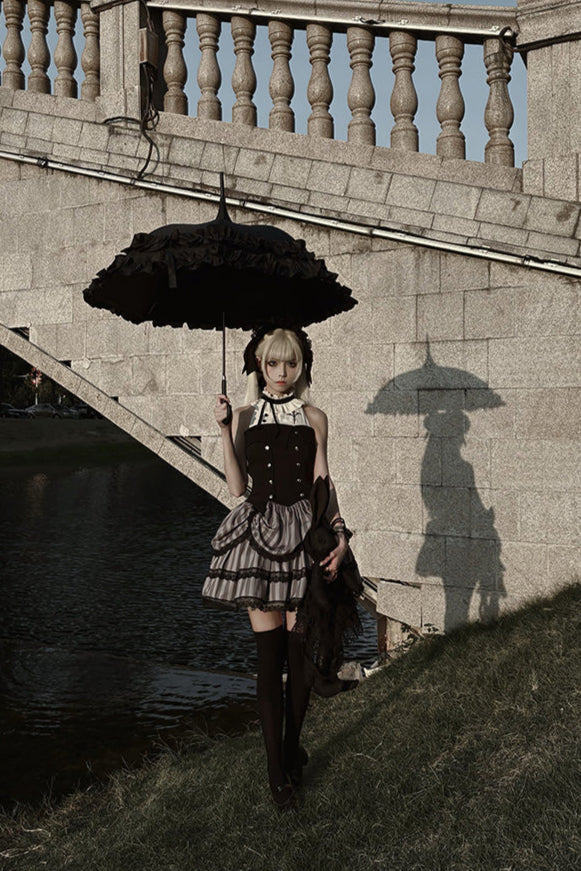 Striped gothic skirt + asymmetrical fitted jacket + jumper skirt