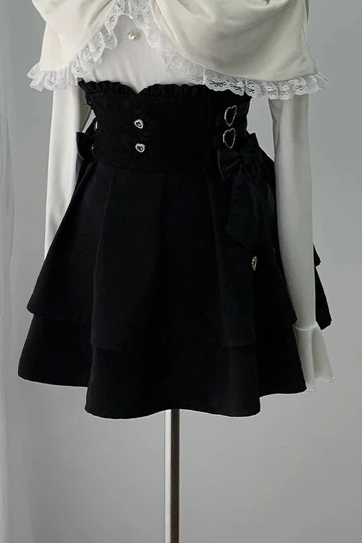 [Pre-order Deadline: October 15] Romantic White Bow Sheer Lace Off-Shoulder Knit Top + Black Bow Lace Layered Mini Skirt