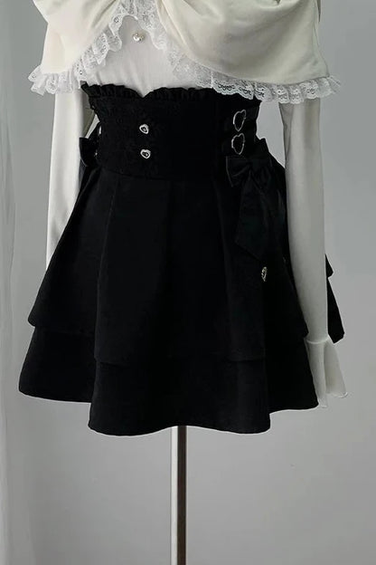 [Pre-order Deadline: October 15] Romantic White Bow Sheer Lace Off-Shoulder Knit Top + Black Bow Lace Layered Mini Skirt