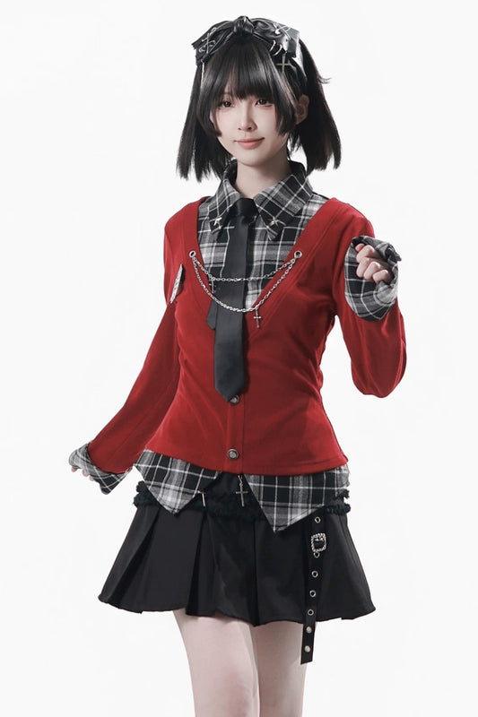 チェックトップス+スカート+ネクタイ