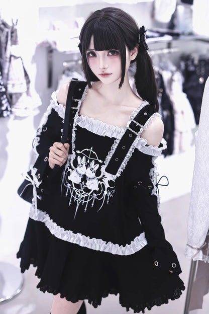 【9月15日予約締切】Dark Punk Gothic Rabbit Print Off Shoulder Long Sleeve Frill Lace Dress