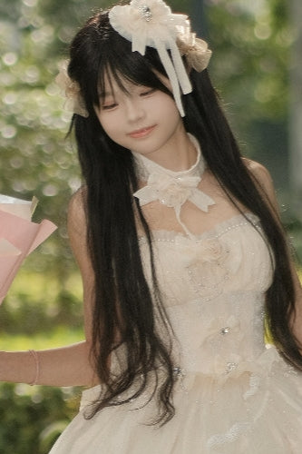 Flower Tube Top Lolita Dress + Sleeve + Head Accessories