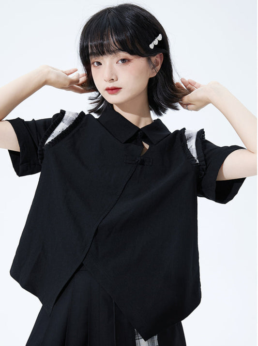 China Asymmetric Check Frill Shoulder Shirt