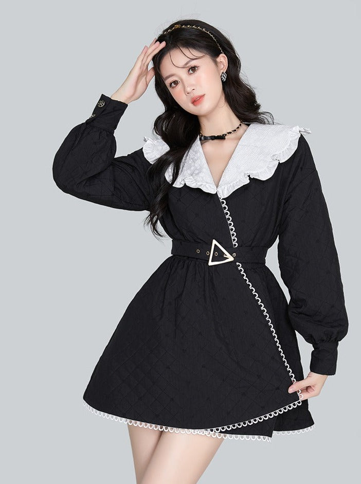 Ruffle Lace Mid Length Waist Design Coat