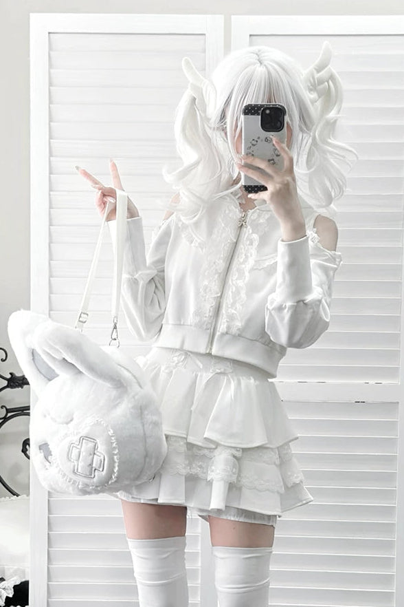 [Reservierungsschluss am 16. September] Set aus langärmligem Cold-Shoulder-Hoodie-Top mit Spitzenrüschen + Stufenrock mit Innenshorts