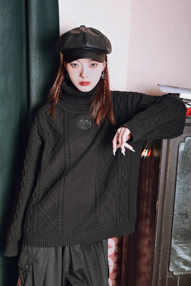 Golden Crow Black Turtleneck Top